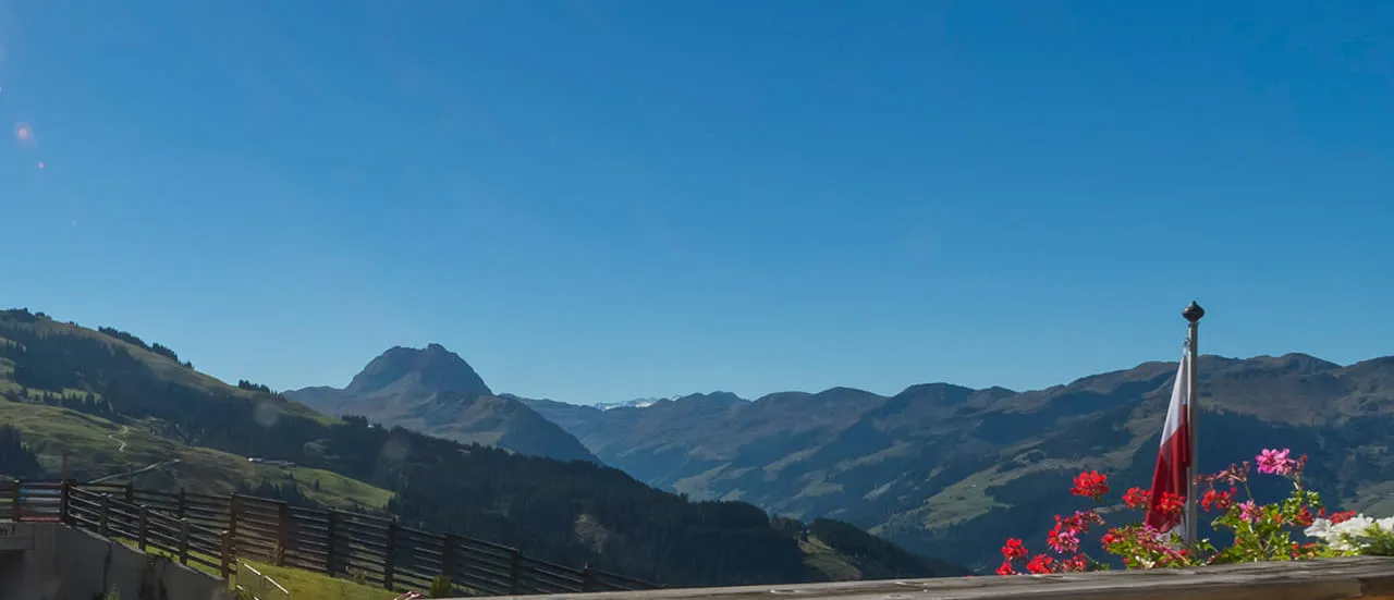 Gasthof OchsAlm im Sommer mit Blick auf die Kitzbüheler Alpen